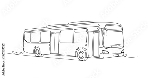 Urban transit bus parked at curb in single line drawing outline. No editable stroke
