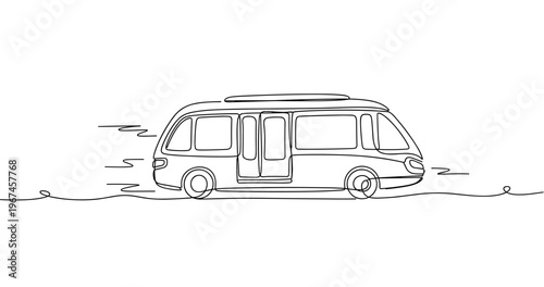 Shuttle bus moving with open door on road continuous line drawing. No editable stroke