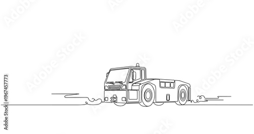 Aircraft tug moving on tarmac in minimalist line drawing. No editable stroke