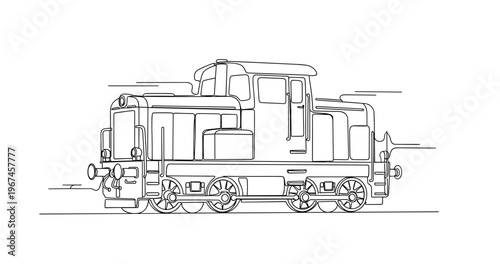 Diesel locomotive stationary on track in rail yard setting. No editable stroke