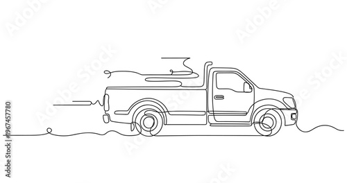 Single cab pickup truck driving along roadside in motion. No editable stroke