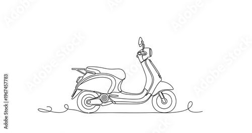 Scooter parked on ground in continuous line minimalist illustration. No editable stroke