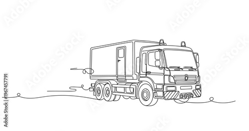 Truck driving forward on white minimal line background. No editable stroke