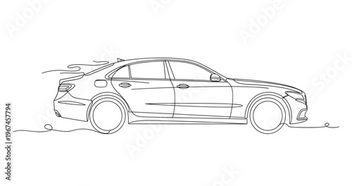 Sedan car driving profile on flat road outline. No editable stroke