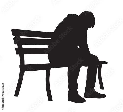 Vector silhouette of a dejected person sitting alone on a park bench with head bowed, conveying deep feelings of sadness, loneliness, and despair in a stark, isolated manner
