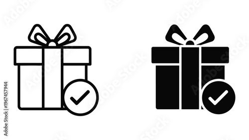 Gift box icons with confirmation checkmarks in contrasting styles