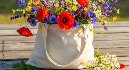 Wildflower Bouquet in White Canvas Tote Bag on Rustic Wooden Table