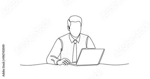 Outline of male working on laptop at desk. No editable stroke