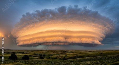 Dramatic lenticular cloud formation over a vast green landscape during a storm