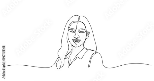 Continuous line drawing of a smiling young caucasian female. No editable stroke