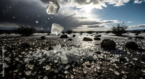 Dramatic hailstorm over a dry, arid landscape with debris scattering across the ground