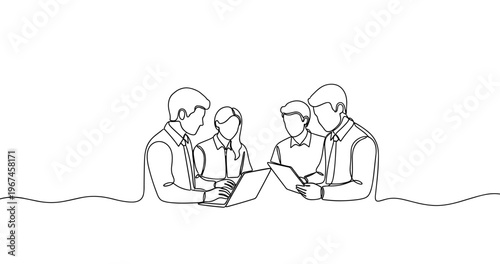 Line art illustration of business meeting with four adults and laptops. No editable stroke