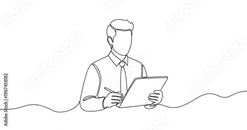 Outline drawing of caucasian male adult working on tablet in office attire. No editable stroke