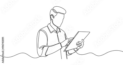 Line art of young caucasian male using tablet for digital interaction. No editable stroke