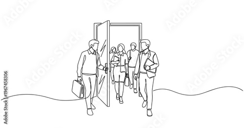 Professional team of diverse adults entering open door in line art style. No editable stroke