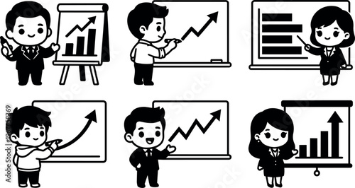 Black and white business people presenting rising graphs and charts vector art