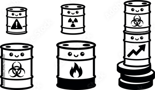 Black and white cartoon barrels with warning radioactive biohazard and fire symbols