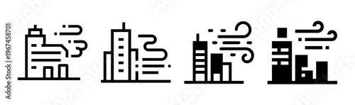 Windy city icon set with skyscrapers and breeze lines, urban air pollution and smog weather symbols, 4 vector building icons for meteorology