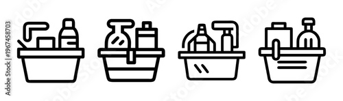 Cleaning supplies icon set, line art laundry baskets with detergent bottles and sprayers, household sanitation and housekeeping vector elements
