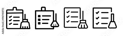 Cleaning checklist icons set, black line vector illustrations of broom and task list, housekeeping schedule and maintenance plan symbols