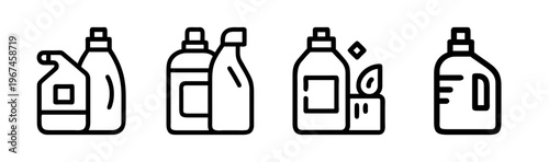Minimalist cleaning product icons, laundry detergent and spray bottle line art, household chemical supplies vector set for housekeeping