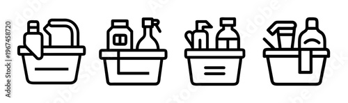 Cleaning supplies icon set in minimalist line style, household detergent bottles in plastic baskets, 4 professional housekeeping vector elements