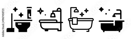 Minimalist bathroom cleaning icons set, black linear bathtub and toilet symbols, 4 sanitary equipment vector elements for housekeeping