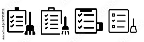 Cleaning checklist icons, housekeeping service schedule, janitorial task list svg set
