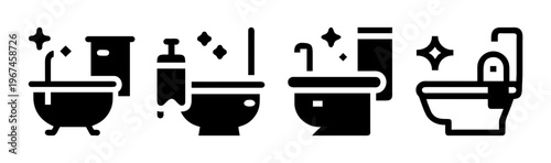 Minimalist bathroom icon set, black solid toilet and bathtub symbols, clean sanitary ware vector illustrations for plumbing and home renovation