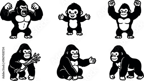 Six gorillas showing different poses and expressions