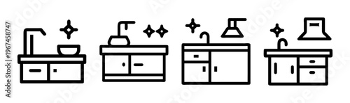 Minimalist kitchen interior icons set, modern kitchen furniture and sink line art, clean home renovation vector symbols for interior design