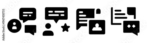Minimalist chat icons set, black speech bubble symbols, user communication SVG elements