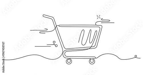 Dynamic continuous line drawing of a moving shopping cart in motion. None editable stroke