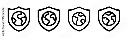 Global security shield icons, 4 black line globe protection symbols, world safety SVG