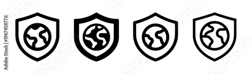 Global protection shield icons, 4 earth security symbols, world safety SVG set