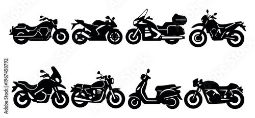 Motorbike collection displaying various motorcycle types like choppers, touring bikes, sport street bikes, trail, cafe racers, and scooters in silhouette