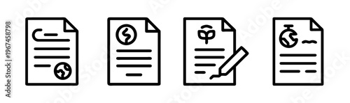 Climate policy document icons showing earth, dollar, plant, and signature