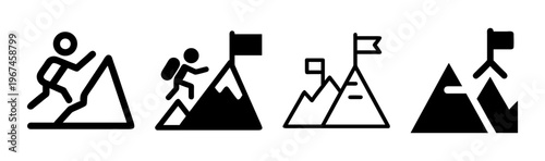 Mountain climbing icon set, success and achievement symbols, 4 black vector SVG icons