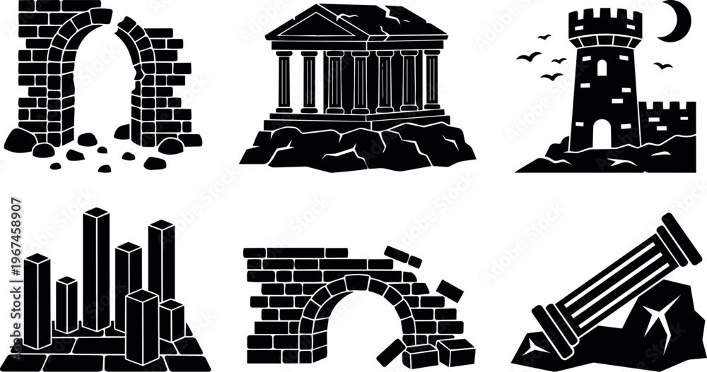 Fototapeta premium Ancient ruins columns arches and tower silhouettes