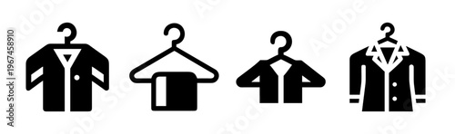 Set of four coat check and hanger icons in black and white vector style.