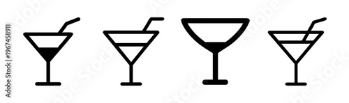 Minimalist cocktail glass icons, set of 4 martini glass vectors, black line drink symbols