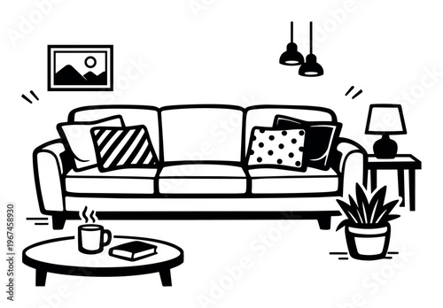 Living room interior showing a cozy sofa with cushions, coffee table with a steaming mug and book, table lamp, and potted plant
