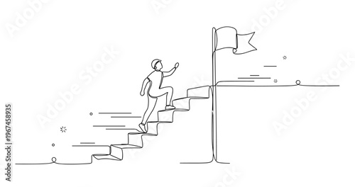 Continuous line art of person climbing stairs to reach a flag symbolizing success. None editable stroke