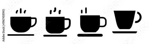 Four steaming coffee cups on saucers, including solid black and outline styles