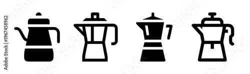 Collection of four black silhouette icons of coffee pots and percolators.