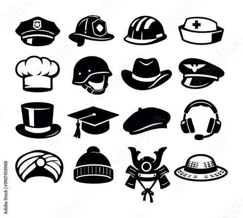 Visualizing professional uniforms, jobs, characters, and cultural head coverings as a diverse collection of simple vector symbols