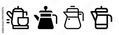 Set of four black and white icons representing coffee pots and a cup.