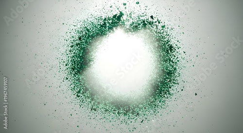 Abstract circular explosion of green powder particles against a white background, with a bright white center, highlighting a dynamic and energetic cosmic event or creative burst of color