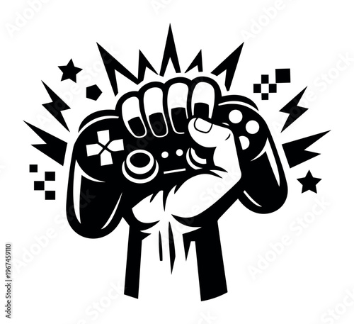 Hand clenching a video game controller, raising it in triumph, surrounded by stars and lightning. A symbol of gaming power