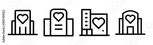 Outline icons of buildings with hearts, symbolizing company culture, care, and love in the workplace.